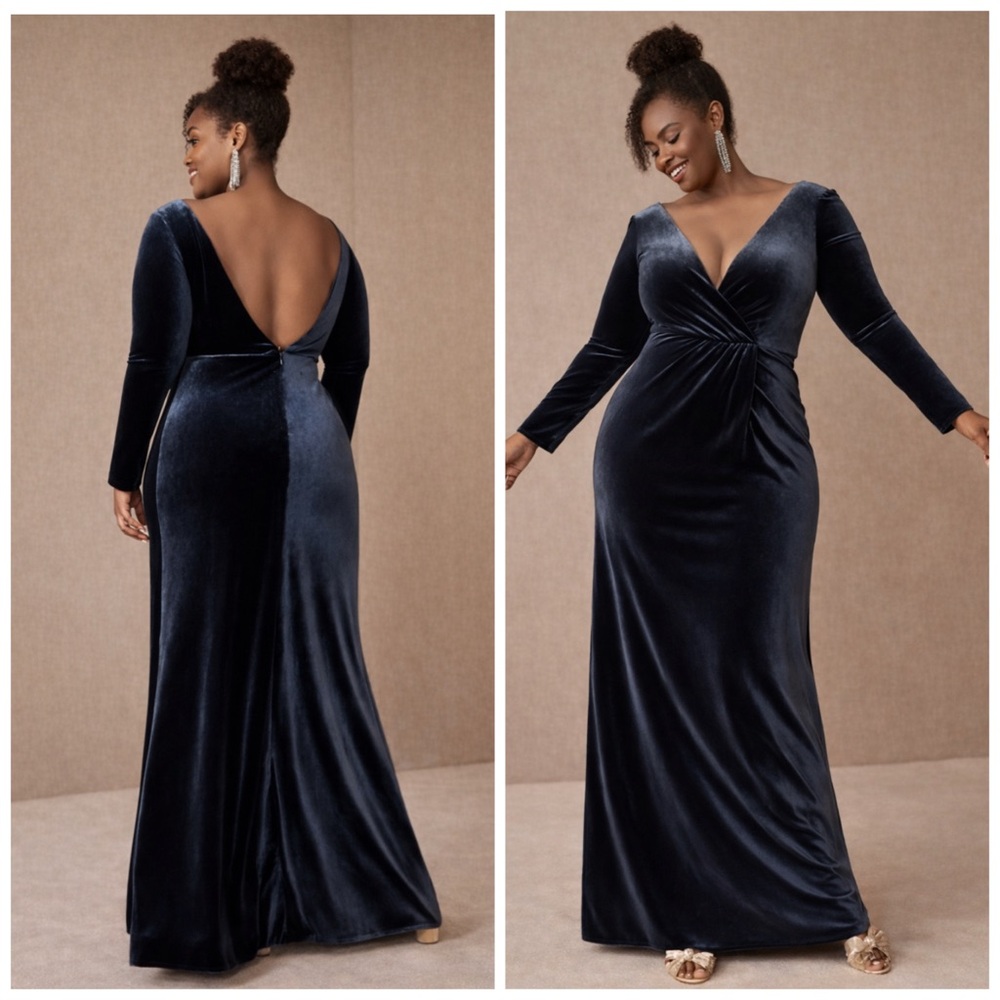 BHLDN Jenny Yoo Ryland Velvet Blue Maxi Dress Long Sleeve Size 16‎